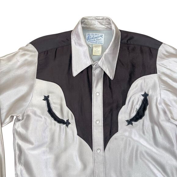 VTG Rockmount Silver & Black Satin Western Cowboy Shirt Pearl Snap Buttons S/M - Picture 3 of 8